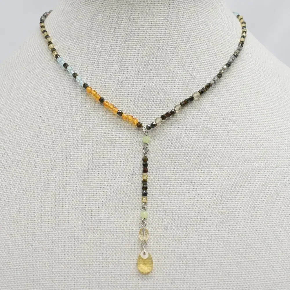 Sterling Silver Beaded Y Drop Necklace Women's Dainty Glass Whimsigoth Boho Y2K